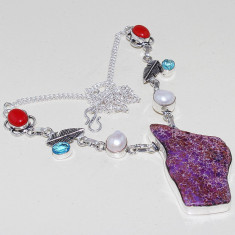 Colier argint si natural sea sediment jasper, perle, red coral si blue topaz foto