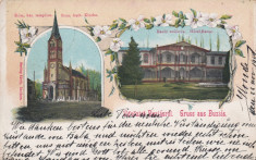 SALUTARI DIN BUZIAS HOTEL BAZAR BISERICA ROMANO-CATOLICA LITOGRAFIE CIRC.1902 foto
