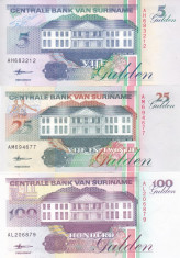 Bancnota Suriname 5, 25 si 100 Gulden 1998 - P136-139b UNC ( set x3 ) foto