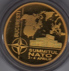 BNR 100 lei 2008 aur 6,45 grame Summitul NATO Bucuresti foto