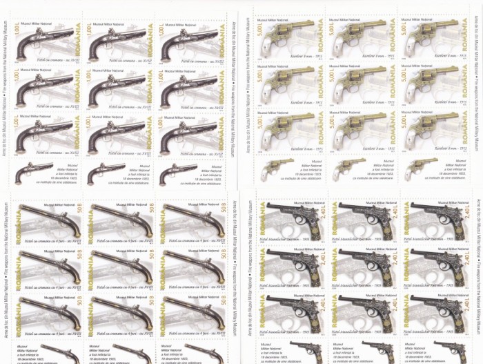 PISTOALE MINISHEET ,2008,MNH ROMANIA.