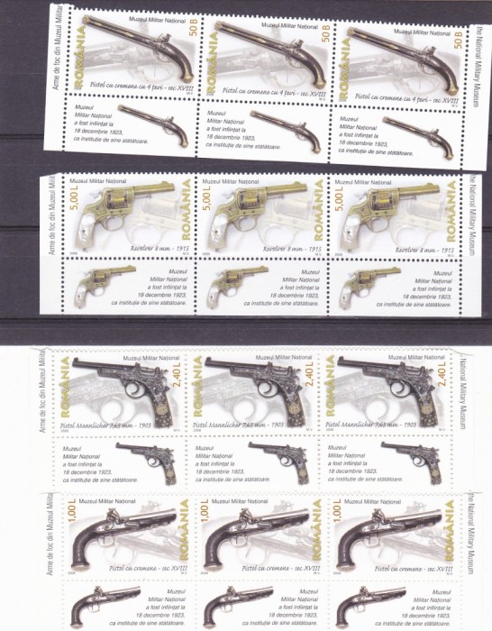 PISTOALE TRIPTIC CU VIGNETA ,2008,MNH ROMANIA.