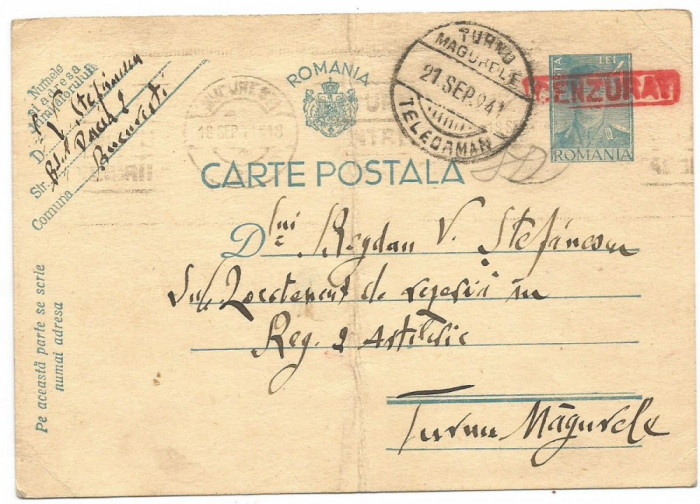 (A1) carte postala-CENZURAT Turnu Magurele 1941