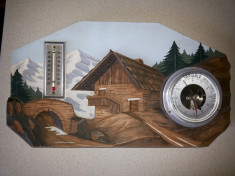 Barometru vechi,francez,cu termometrudin lemn,peisaj montan foto