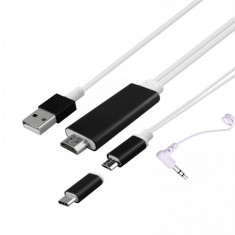 Adaptor cablu 1.8m HDTV 3in 1 micro usb/Type-c la Hdmi 1080p cu sunet jack 3.5mm, negru foto