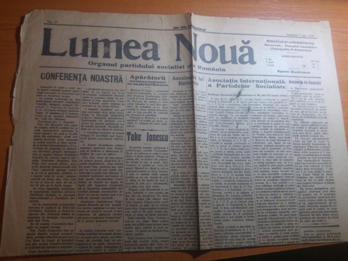 ziarul lumea noua 2 iulie 1922-art. despre moartea lui take ionescu
