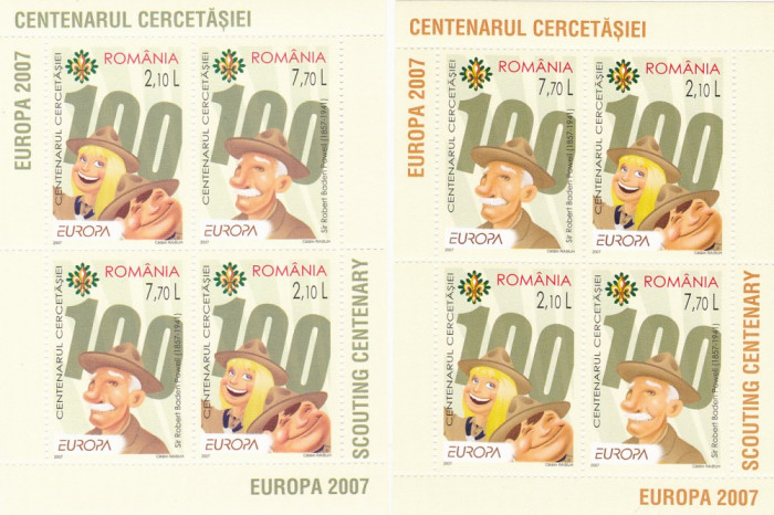 CERCETASI,EUROPA CEPT 2007,MINISHEET DE 4 SERII IN PERECHE A SI B MNH ROMANIA.