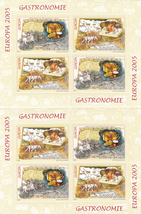 GASTRONOMIE,EUROPA CEPT,2005,MINISHEET DE 2 SERII MODEL A + B,MNH ROMANIA.