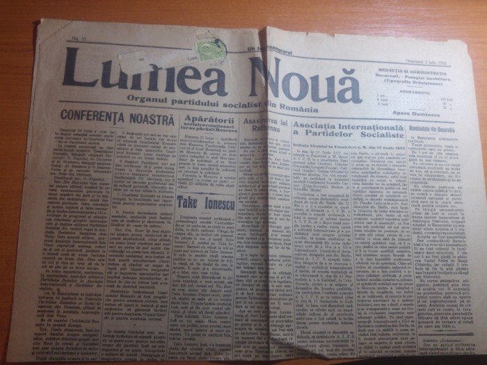 ziarul lumea noua 2 iulie 1922- articol despre moartea lui take ionescu