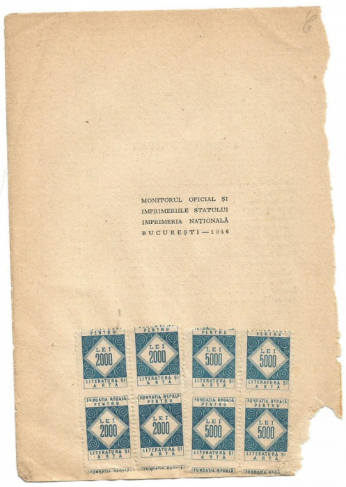 No(1)-Romania 1930 - bloc 4 timbre fiscale Fundatia Regala pt Literatura -eroare