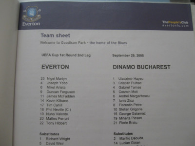 Everton-Dinamo Bucuresti (29 septembrie 2005) / foaie de joc foto