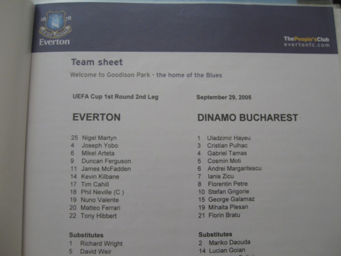 Everton-Dinamo Bucuresti (29 septembrie 2005) / foaie de joc