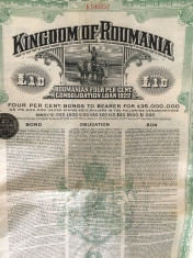 obligatiune Romania 10 lire sterline aur 4% 1922 si cupoane foto