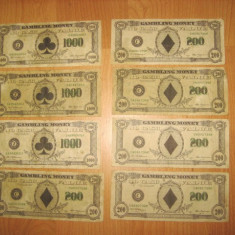 Casino-Banii de joc vechi-Vintage Gambling money, 3 de 1000$ plus 5 de 200 $.
