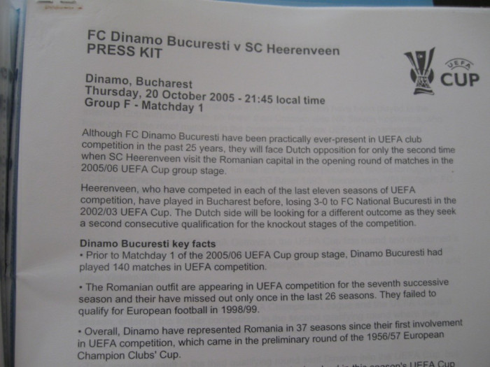 Dinamo Bucuresti - Heerenveen (20 octombrie 2005/ Kit-ul de presa, 14 pag)