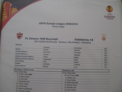 Dinamo Bucuresti - Galatasaray (5 noiembrie 2009 / foaie de joc) foto