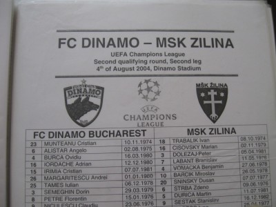 Dinamo Bucuresti - Zilina (4 august 2004 / foaie de joc) foto