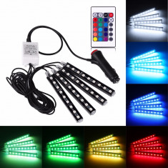 SET BANDA LED AUTO 12V RGB 5050 AMBIENTAL 9 SMD X 4 MUFA BRICHETA + TELECOMANDA foto