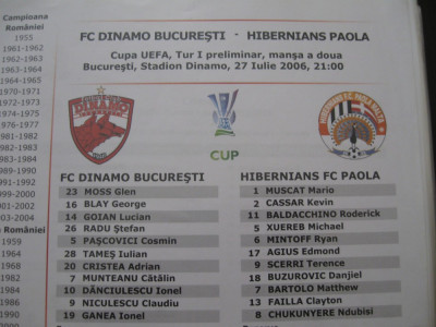 Dinamo Bucuresti - Hibernians FC Paola (27 iulie 2006 / foaie de joc) foto