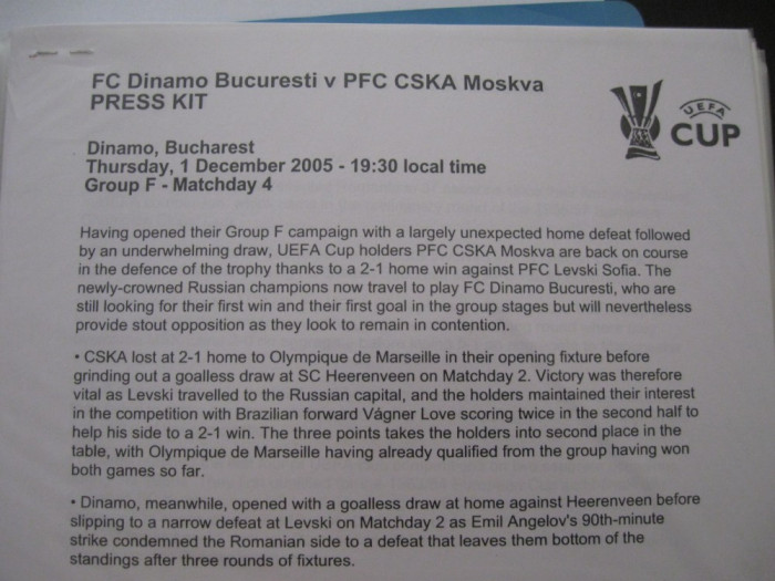 Dinamo Bucuresti - CSKA Moscova (1 decembrie 2005/ Kit-ul de presa, 16 pag)