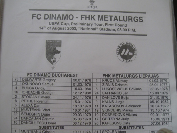 Dinamo Bucuresti - Metalurg Liepajas (14 august 2003 / foaie de joc)