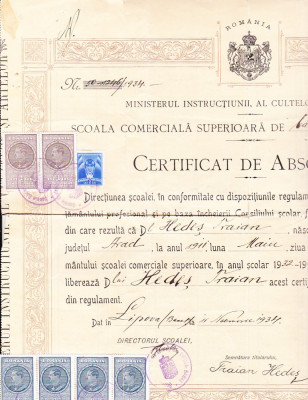 bnk div Lipova - Diploma de absolvire Scoaola Comerciala Superioara 1933 foto