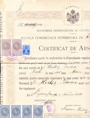 bnk div Lipova - Diploma de absolvire Scoaola Comerciala Superioara 1933 foto