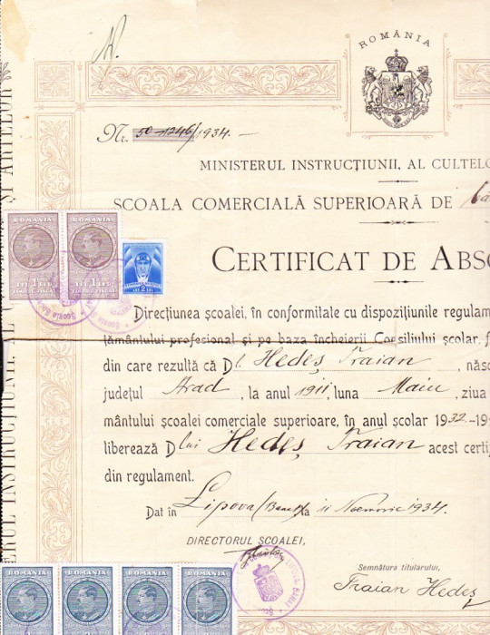 bnk div Lipova - Diploma de absolvire Scoaola Comerciala Superioara 1933