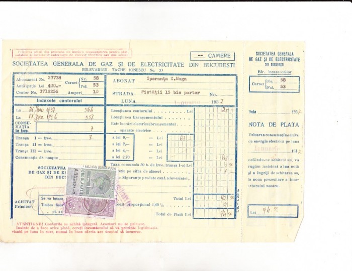 bnk fil Timbre fiscale - 1 leu + 1 leu fondul aviatiei pe factura 1937