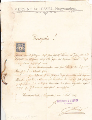 bnk div Sibiu - Certificat de recomandare 1910 cu traducere 1930 foto