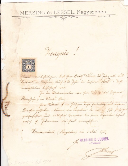 bnk div Sibiu - Certificat de recomandare 1910 cu traducere 1930