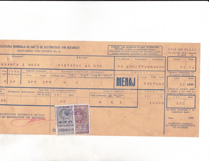 bnk fil 1 leu timbru fiscal + 2 lei Fondul aviatiei pe chitanta 1939