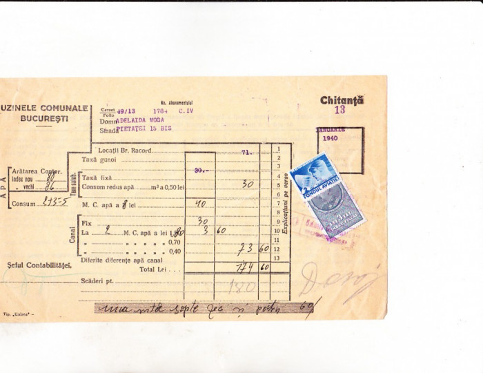 bnk fil Timbru fiscal 3 lei + 2 lei Fondul aviatiei pe chitanta 1940