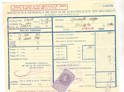bnk fil 1 leu timbru fiscal pe factura 1937 foto
