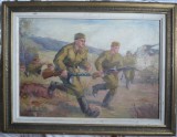 Cumpara ieftin Infanteristi la atac, ulei / carton, semnat Aug. Spirodonescu, vechi, Istorice, Realism