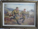 Cumpara ieftin Infanteristi la atac , ulei / carton , semnat Aug. Spirodonescu , vechi, Istorice, Realism