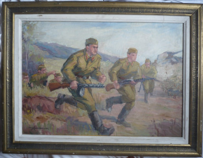 Infanteristi la atac, ulei / carton, semnat Aug. Spirodonescu, vechi foto