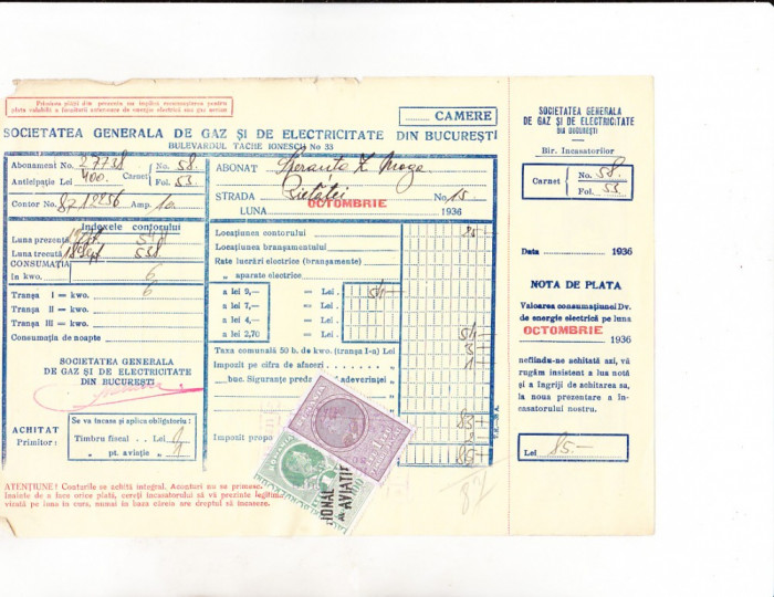 bnk fil 1 leu timbru fiscal + 1 leu FN al aviatiei pe factura 1936
