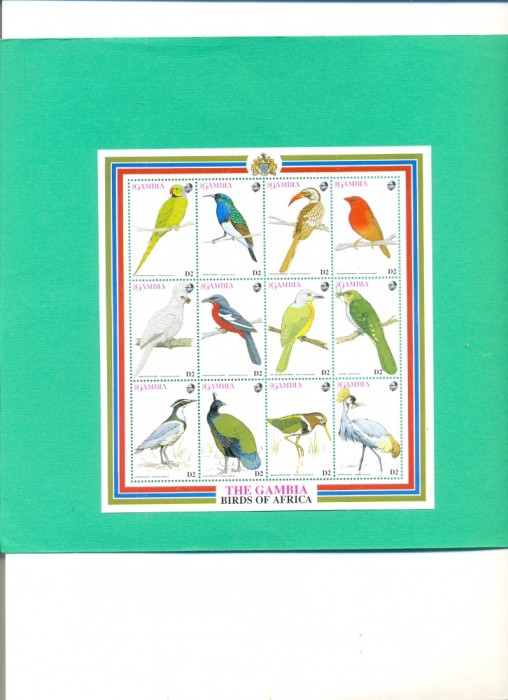 P209=GAMBIA-PASARI,kleinbogen de 12 timbre nestampilate tematica pasari,MNH