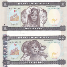 Bancnota Eritrea 1 si 5 Nafka 1997 - P1-2 UNC ( set 2 bancnote ) foto