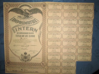 5615-Actiuni vechi Romania-Imprumutul Intern-Titlu 2000 lei 1935. Stare foarte buna. foto