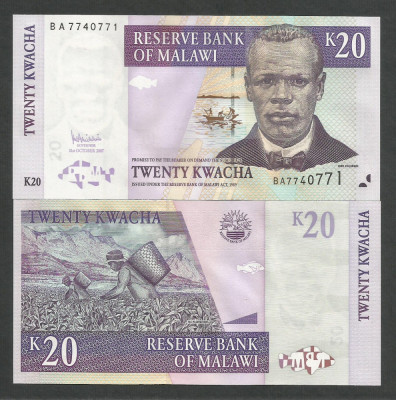 MALAWI 20 KWACHA 2007 UNC [1] P-52b , necirculata foto