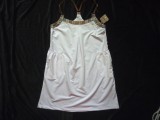 Rochie Scurta Sarafan Bumbac Alba cu Buzunare Gogosar, Bretele Piele Maro - Model Trendy de Vara, Plaja sau Seara