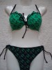 Costum Baie Dama Verde Monograme Negre, Push Up, Slip Brazilian M (38). Sutien cu Volane, Bretelute Reglabile. Colectie Noua Plaja