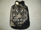 TRICOU NEGRU DAMA MANECA SCURTA CAP TIGRU ANIMAL PRINT BEJ SPATE TRANSPARENT, Elegant, Imprimeu grafic