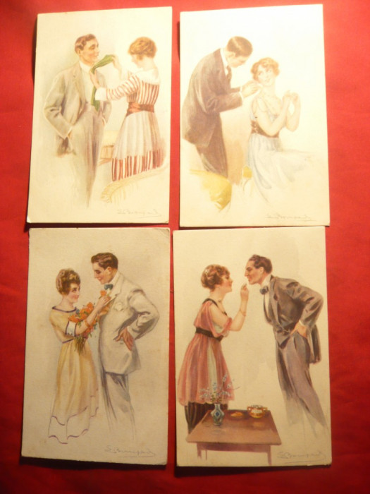Set 4 Ilustrate de autor - Scene Romantice ,semnat Bompard ,Italia