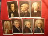 Set 7 Ilustrate Compozitori : Haendel ,Bach ,Mozart , Haydn ,Grieg ,Wagner ,Mend, Necirculata, Printata