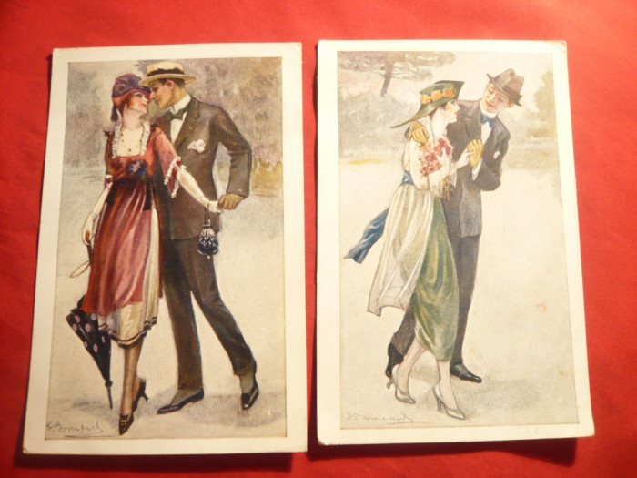 Set 2 Ilustrate de autor - Scene Romantice la plimbare ,semnat Bompard ,Italia