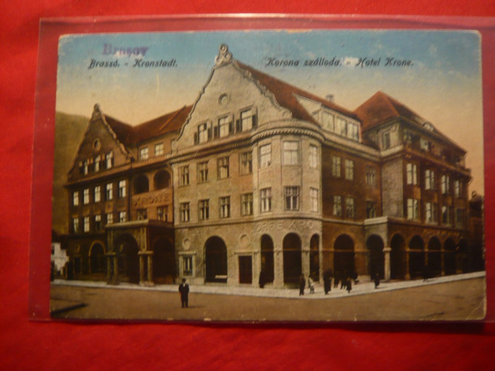 Ilustrata Brasov - Hotel Corona ,color ,circulat 1925 Brasov-Cahul