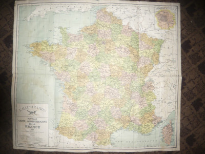 Harta noua Administrativa a Frantei 1927 - hartie panzata , dim.=62,5x54,7 cm foto
